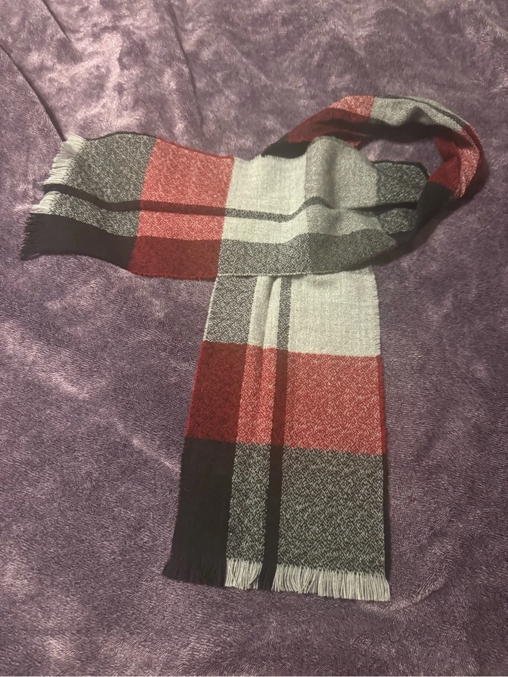 Women’s warm scarf with red, black, grey colors